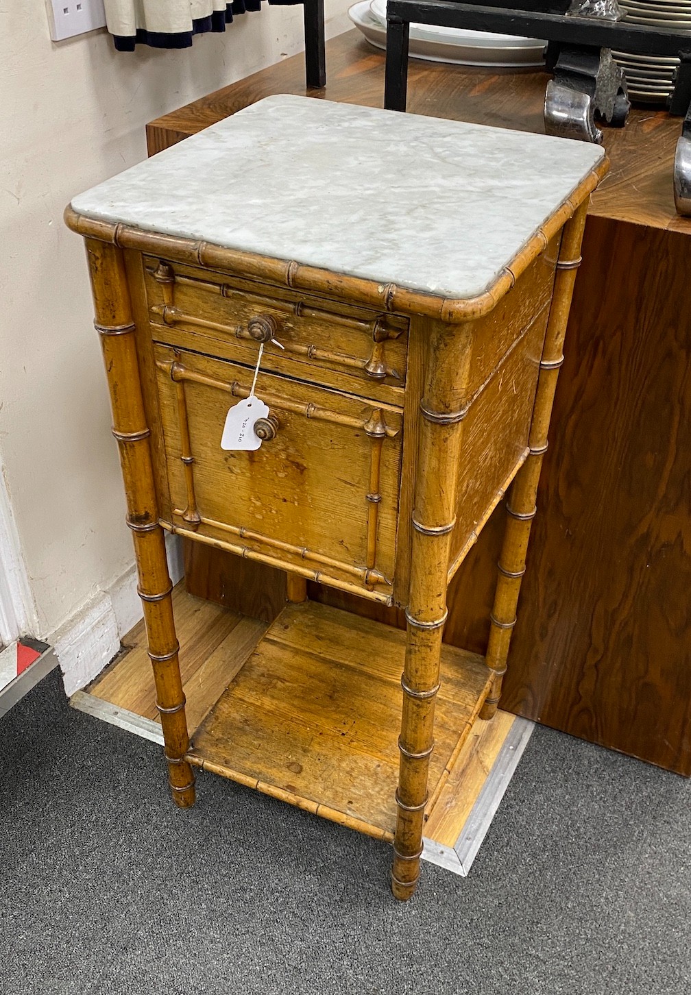 A 19th century French marble topped faux bamboo bedside cabinet, width 37cm, depth 37cm, height 81cm